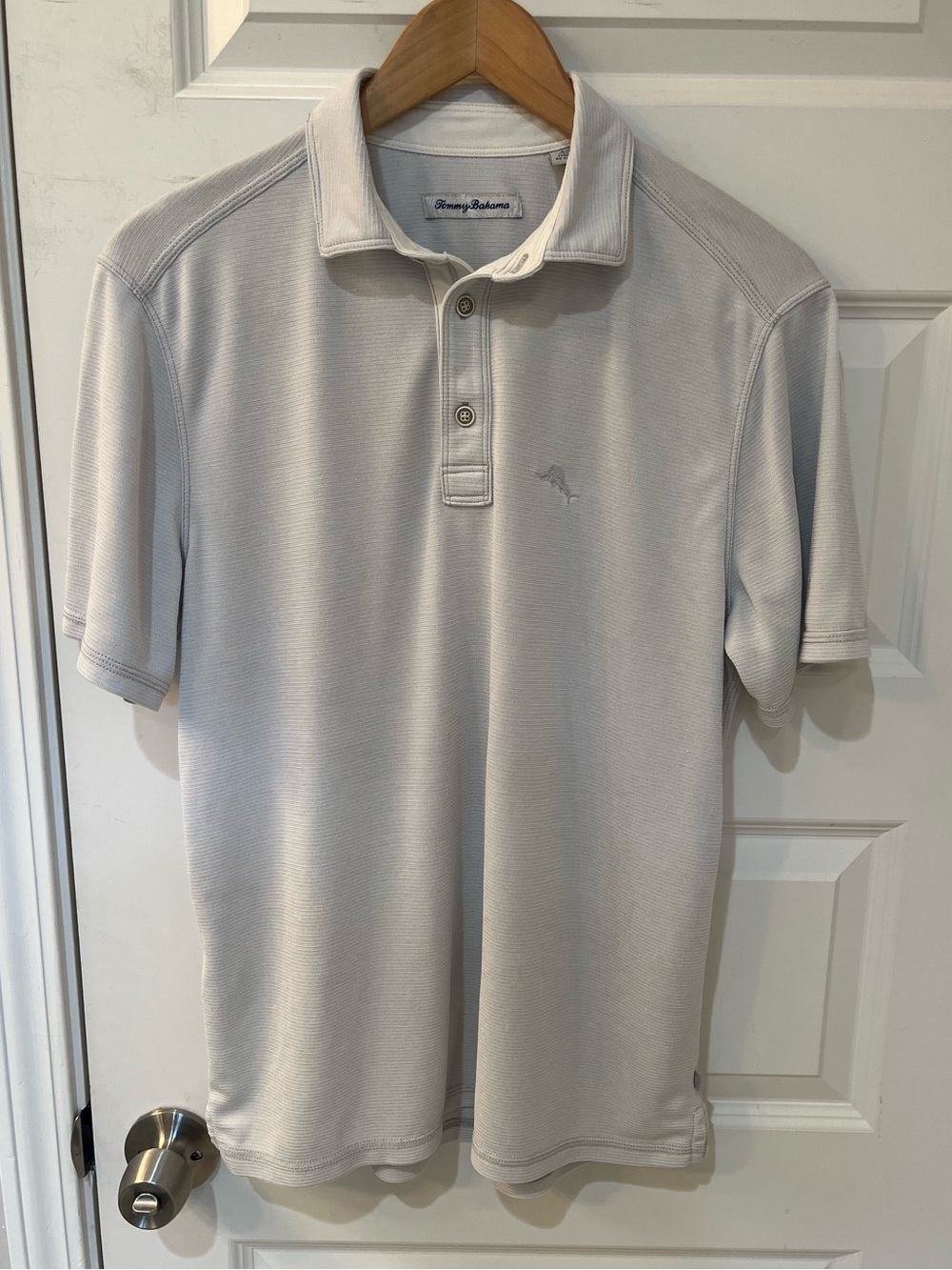 Tommy Bahama Men’s Polo Shirt Gray/Off White Micro Stripe Marlin Logo Golf Sz.S